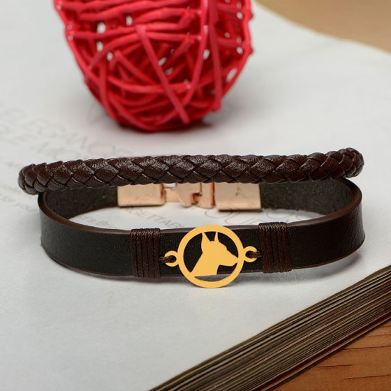 دستبند طلا چرم با پلاک طرح سگ