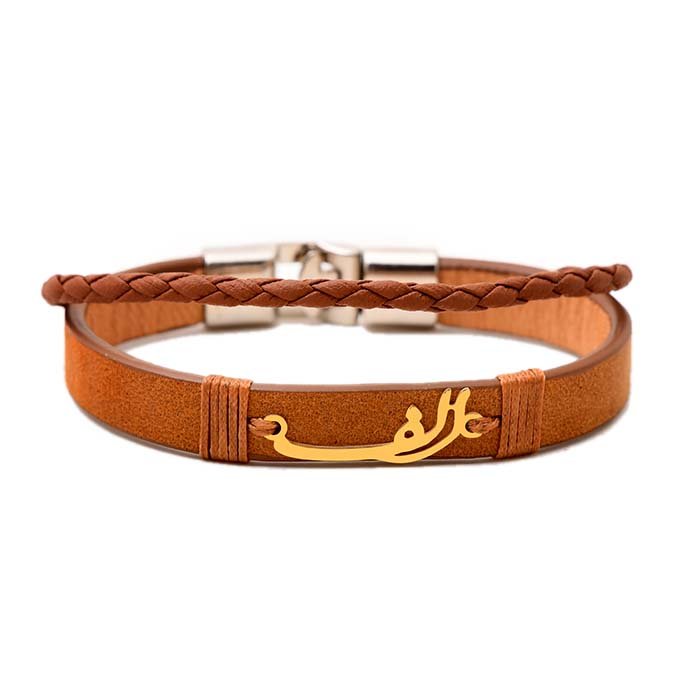 دستبند طلا چرم با پلاک الف