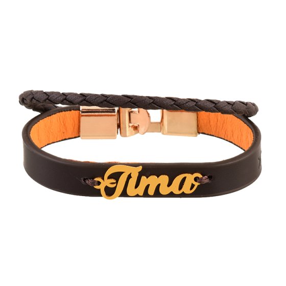 دستبند طلا چرم با پلاک اسم تیما