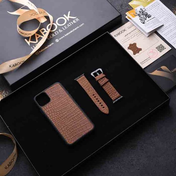 ست هدیه چرم قاب موبایل و بند اپل واچ عسلی