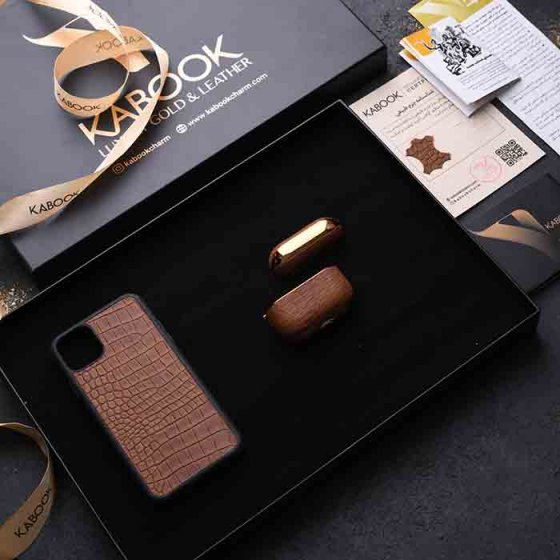 ست هدیه چرم قاب موبایل و قاب ایرپاد عسلی