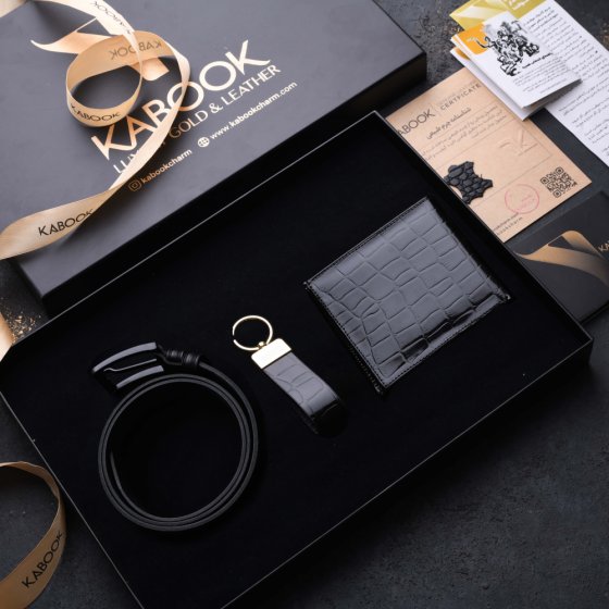 ست هدیه چرم کیف جیبی و جاکلیدی و کمربند مشکی