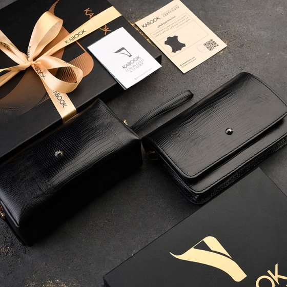 ست کیف آمبر زنانه و کیف آرایشی چرم مشکی لیزارد