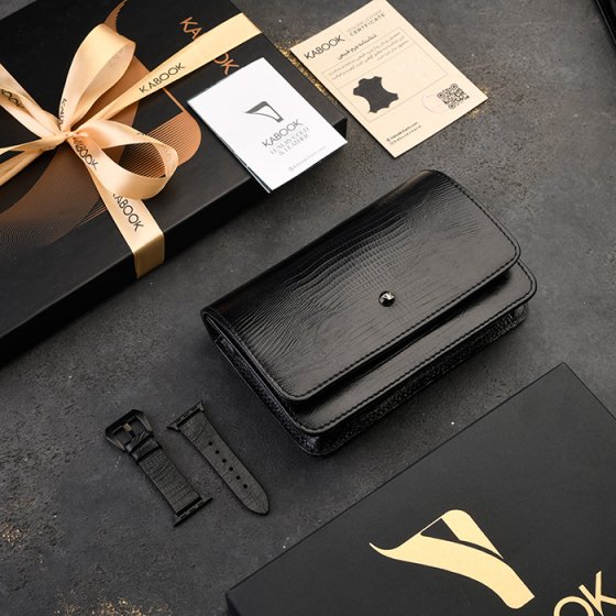 ست کیف آمبر زنانه و اپل واچ چرم مشکی لیزارد