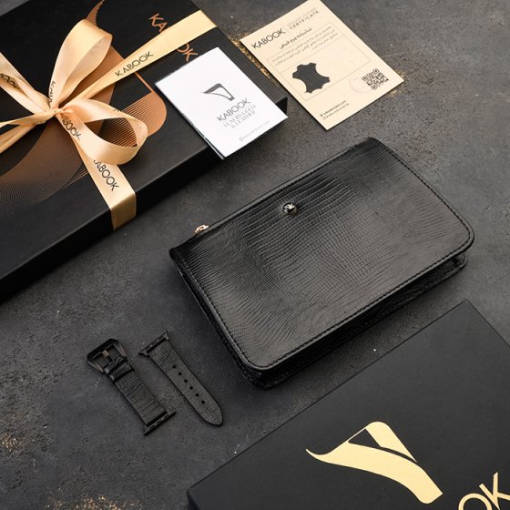 ست کیف میلانا زنانه و اپل واچ چرم مشکی لیزارد