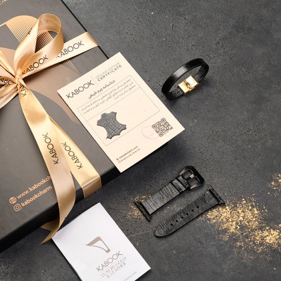 ست بند اپل واچ و دستبند چرم زنانه چرم مشکی لیزارد