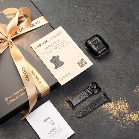 ست بند اپل واچ و قاب ایرپاد چرم مشکی لیزارد