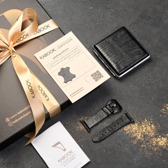 ست بند اپل واچ و جعبه سیگار چرم مشکی لیزارد