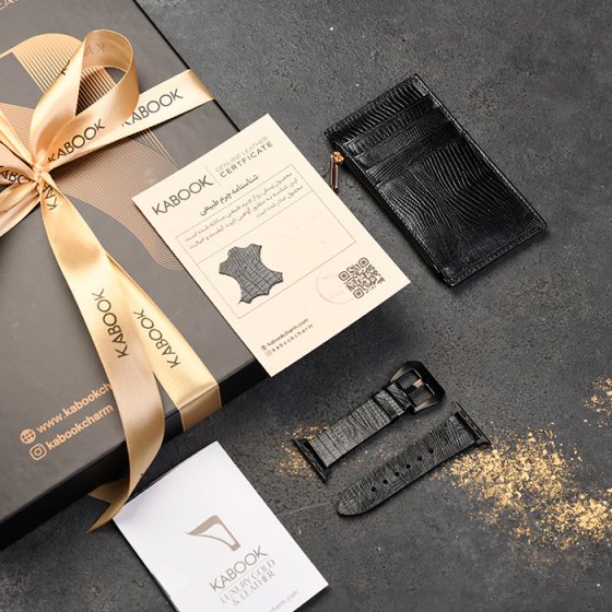 ست اپل واچ و کیف کارت زیپی چرم مشکی لیزارد