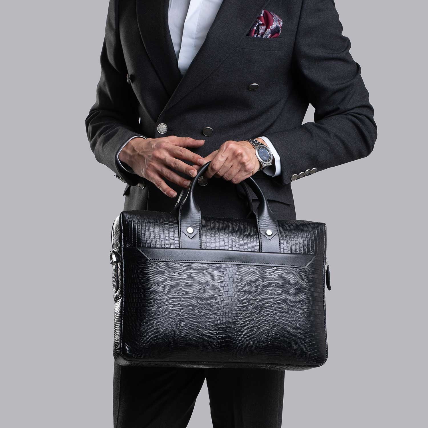 کیف اداری چرم طبیعی طرح گاندو لیزارد مشکی