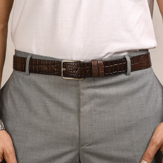 کمربند چرم مردانه قهوه ای کروکودیلی