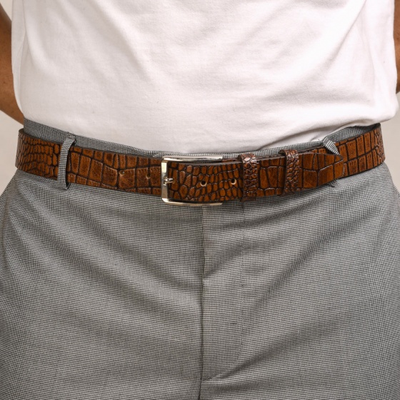 کمربند چرم مردانه عسلی کروکودیلی