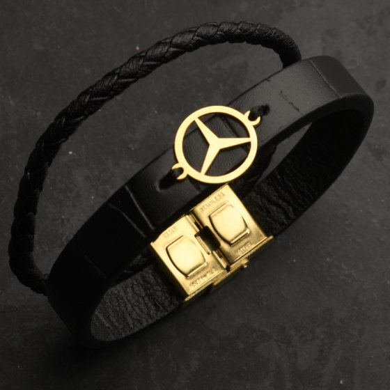 دستبند طلا چرم لوگو بنز
