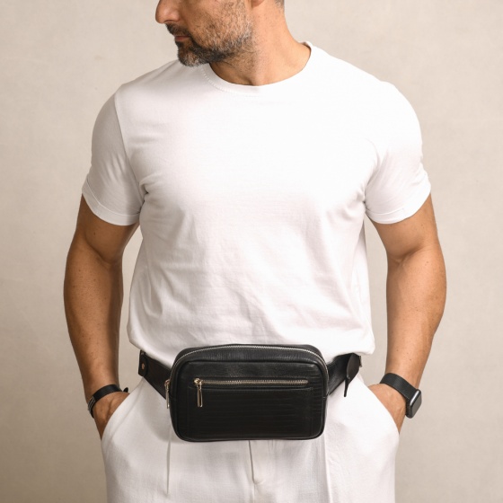 کیف کمری طرح داریوش چرم لیزارد مشکی F2