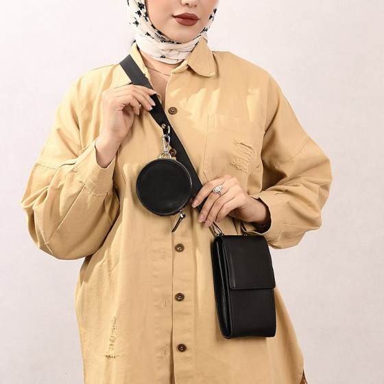 کیف کمری دو تیکه چرم ساده مشکی