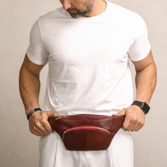 کیف کمری طرح شاهین چرم لیزارد زرشکی