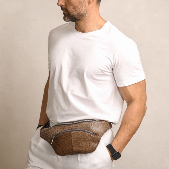 کیف کمری طرح شاهین چرم لیزارد کرم