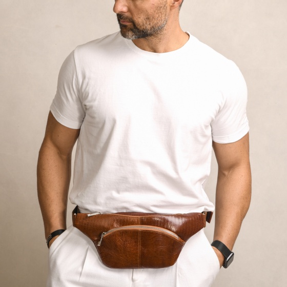 کیف کمری طرح شاهین چرم لیزارد عسلی