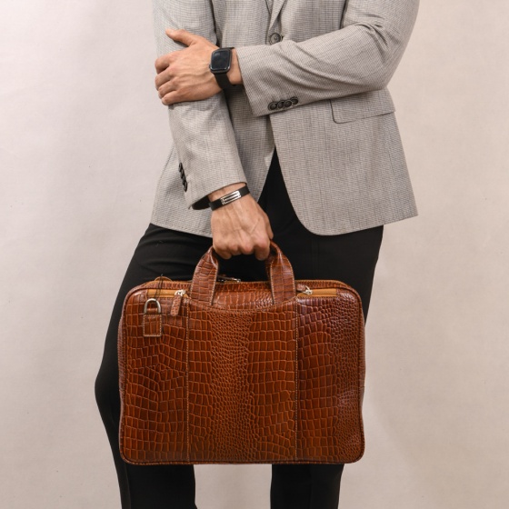کیف اداری طرح آیهان چرم کروکودیل عسلی