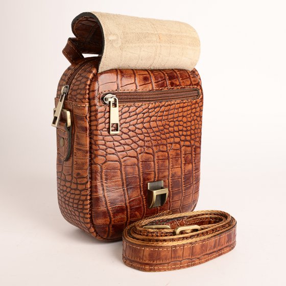 کیف دوشی مردانه طرح نگین کوچک چرم کروکودیل عسلی