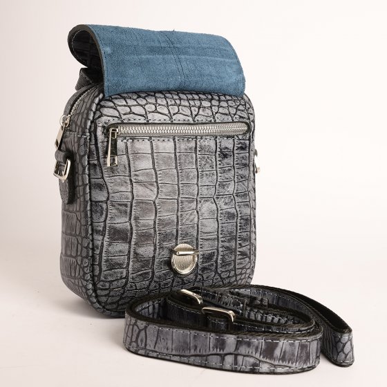 کیف دوشی مردانه طرح نگین کوچک چرم کروکودیل طوسی