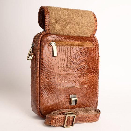 کیف دوشی مردانه طرح نگین بزرگ چرم کروکودیل عسلی