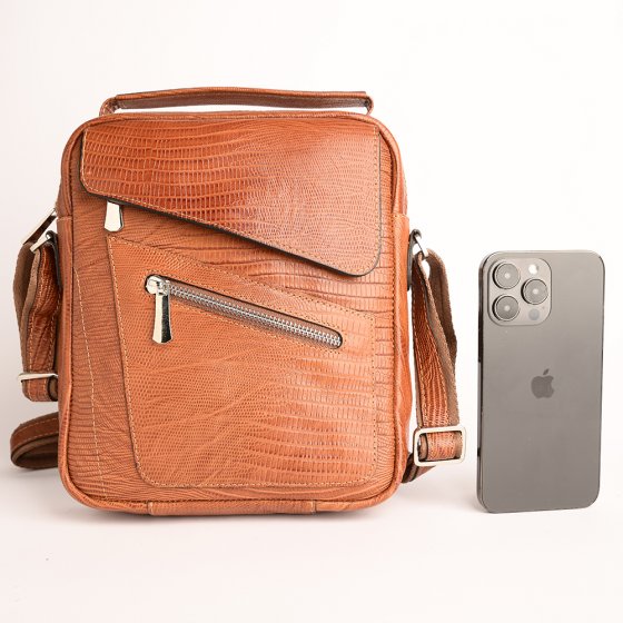 کیف کراس بادی مردانه طرح عماد چرم لیزارد عسلی