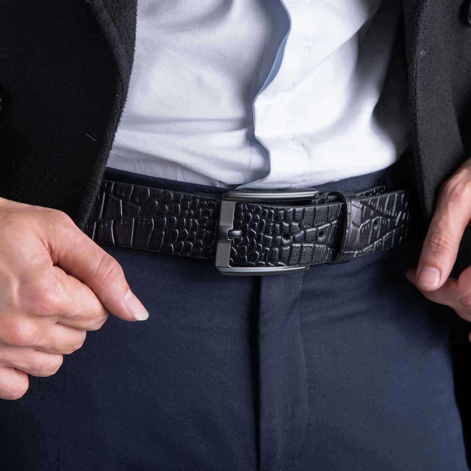 کمربند چرم کروکودیل مشکی سگک وارداتی