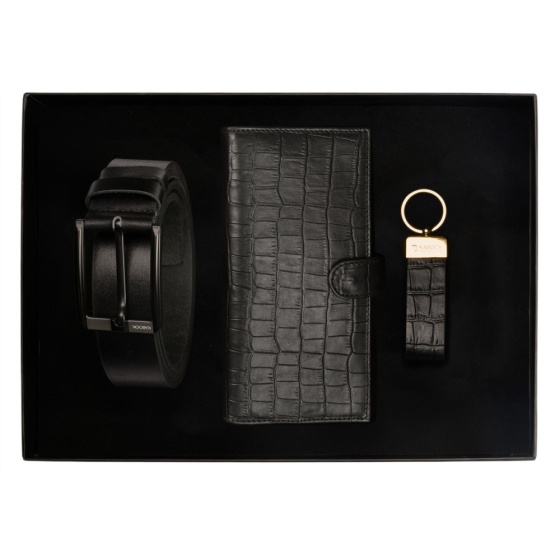 ست هدیه چرم کمربند و جاکلیدی و کیف موبایل مشکی