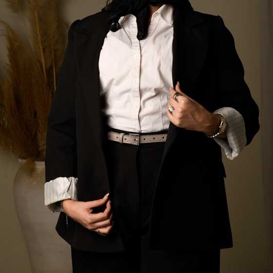 کمربند زنانه چرم خاکستری لیزارد سگک دودی