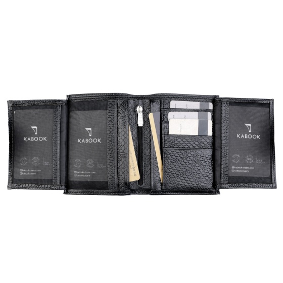 کیف پول کتابی طرح تاو چرم مشکی پوست ماری