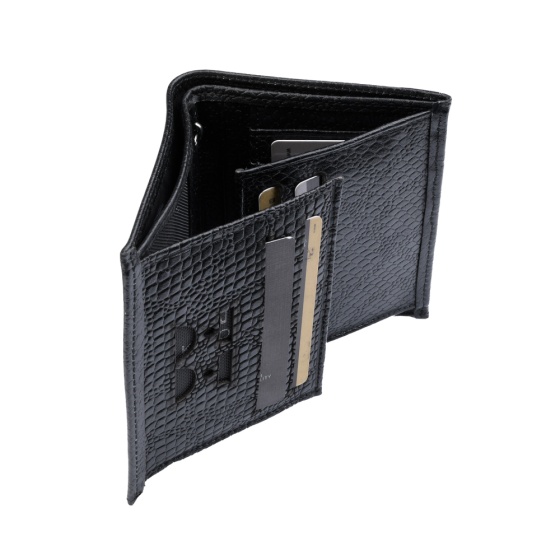 کیف پول کتابی طرح تاو چرم مشکی پوست ماری