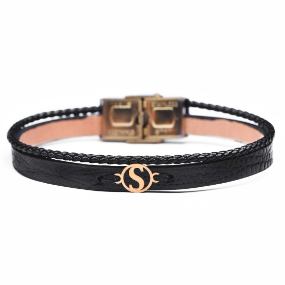 دستبند مردانه طلا چرم حرف S