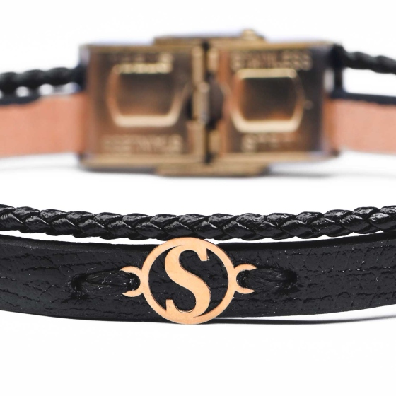 دستبند مردانه طلا چرم حرف S