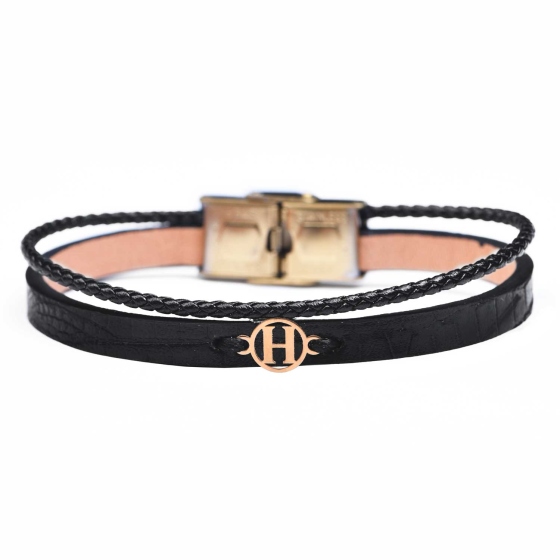 دستبند مردانه طلا چرم حرف H