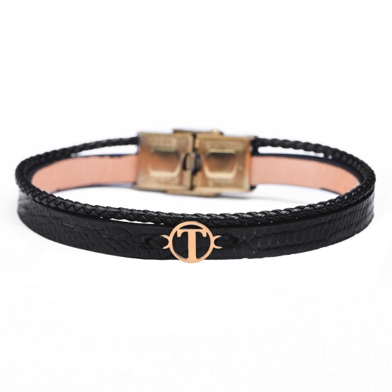 دستبند مردانه طلا چرم حرف T