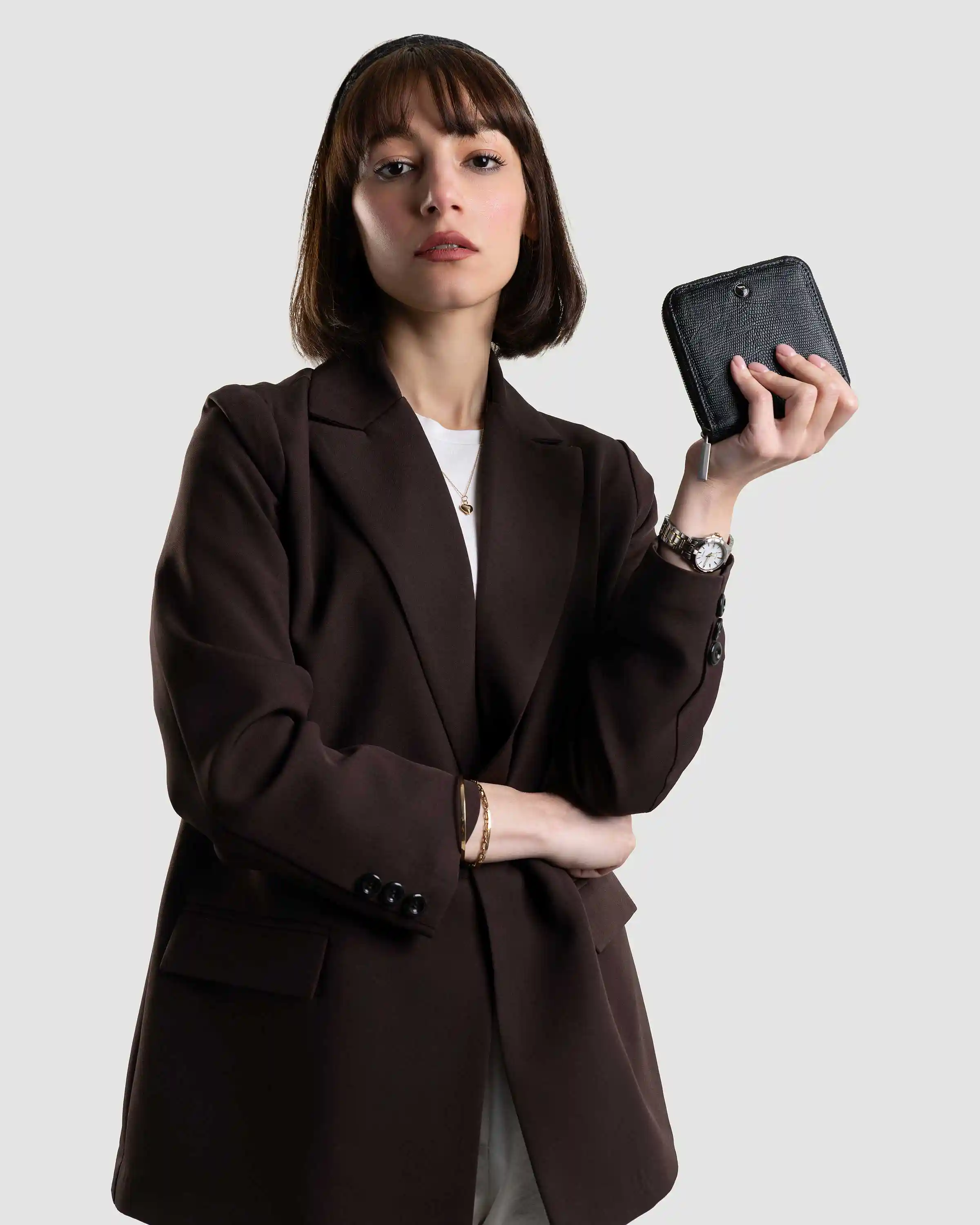 کیف پول زنانه دور زیپ مربعی چرم طبیعی مشکی لیزارد