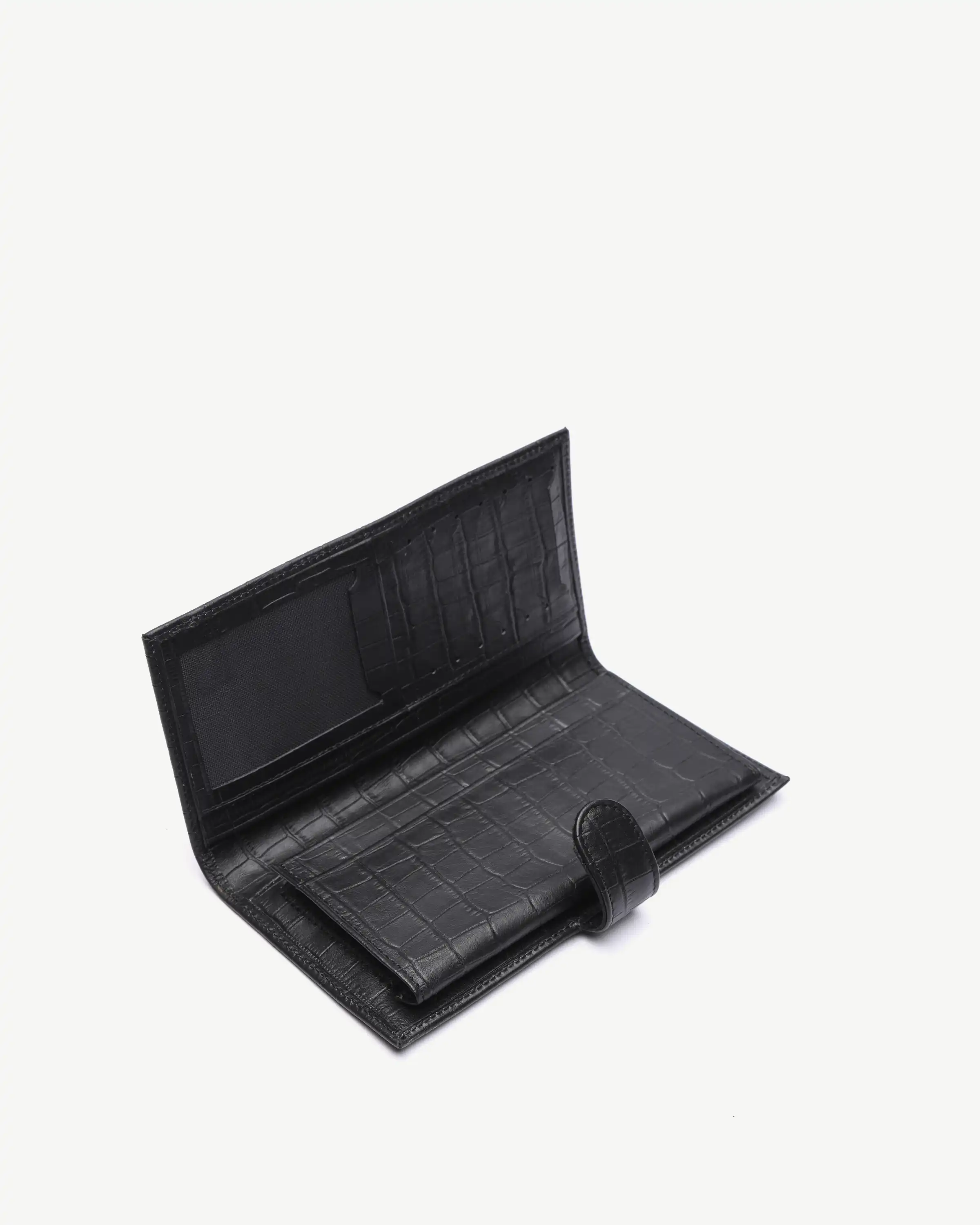 کیف پول کتی دکمه دار چرم طبیعی مشکی کروکودیل + جاموبایل
