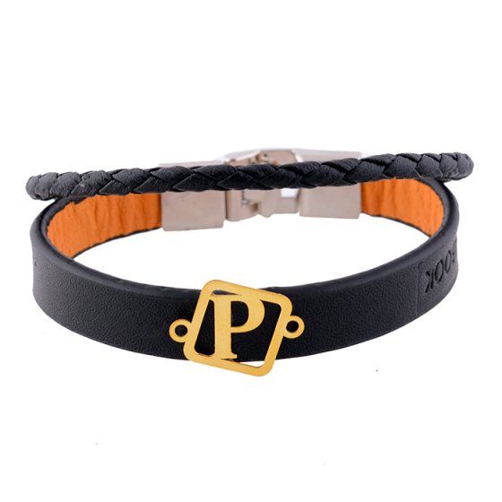 دستبند طلا چرم با پلاک حرف P