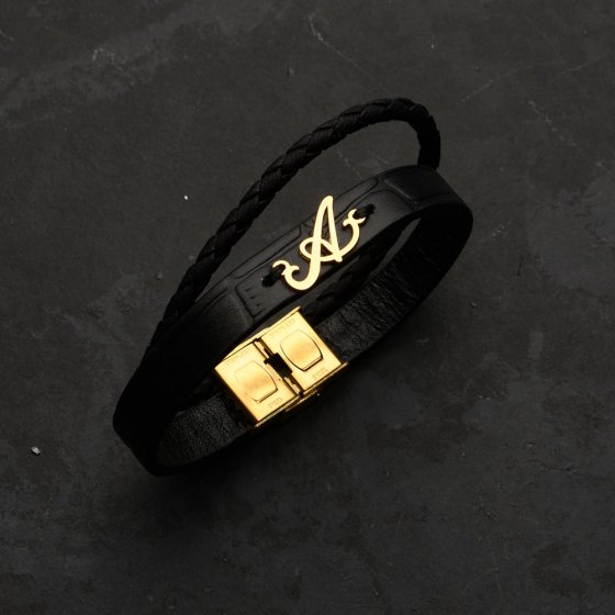 دستبند طلا چرم با پلاک حرف A