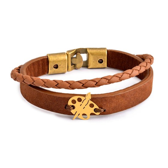 دستبند طلا چرم با پلاک گرافیک