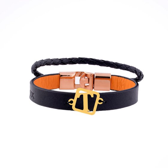 دستبند طلا چرم با پلاک حرف T