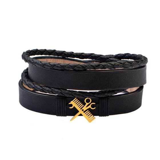 دستبند طلا چرم با پلاک طرح آرایشگر