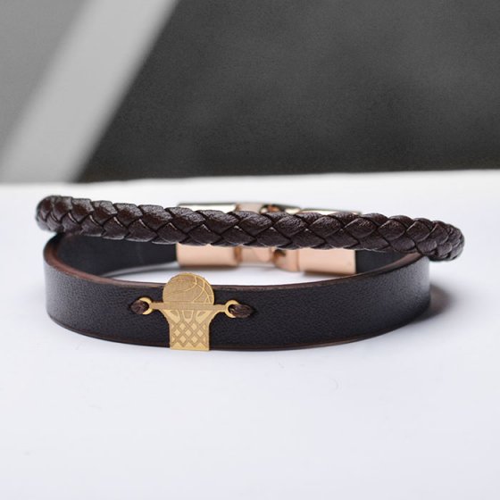 دستبند طلا چرم با پلاک طرح بسکتبال