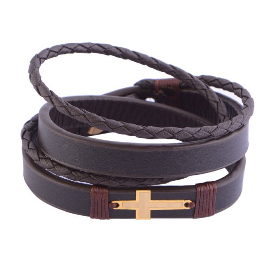 دستبند طلا چرم با پلاک طرح صلیب